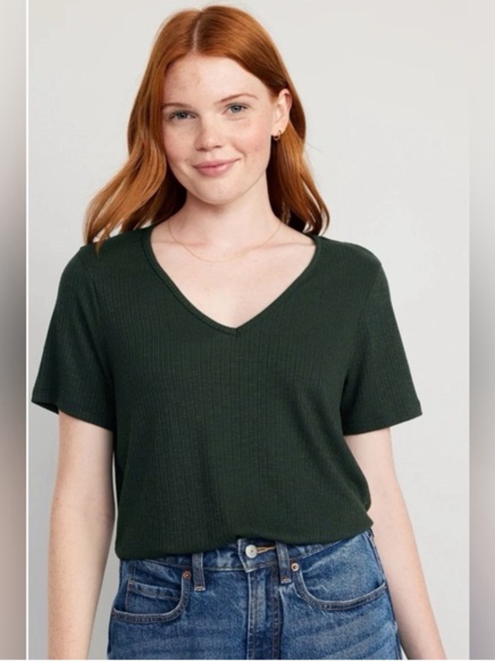 Old Navy Women’s Luxe Ribbed Hunter Green Knit Short Sleeve V-Neck T-Shirt Top
